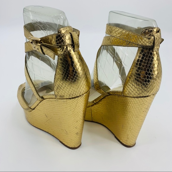 Michael Kors Gold Metallic Snakeskin Sandal Wedges - Picture 7 of 8